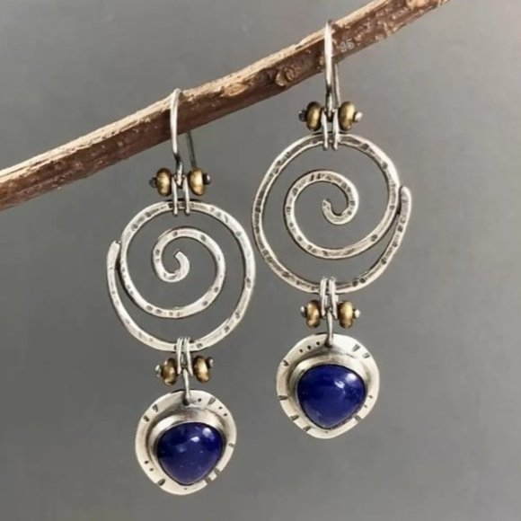 Natural Blue Lapis Lazuli Boho Ethnic Antique Silver Dangling Earrings - NWT - Picture 4 of 12